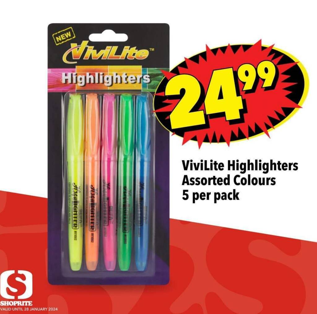 ViviLite Highlighters Assorted Colours 5 per pack offer at Shoprite