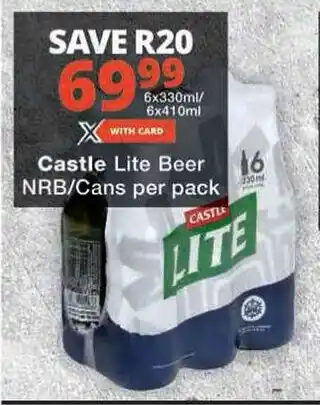 Checkers Castle Lite Beer NRB/Cans per pack offer