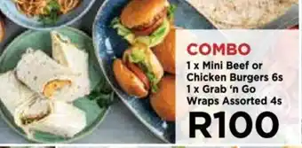 Food Lover's Market 1 x Mini Beef or Chicken Burgers 6s, 1 x Grab 'n Go Wraps Assorted 4s offer