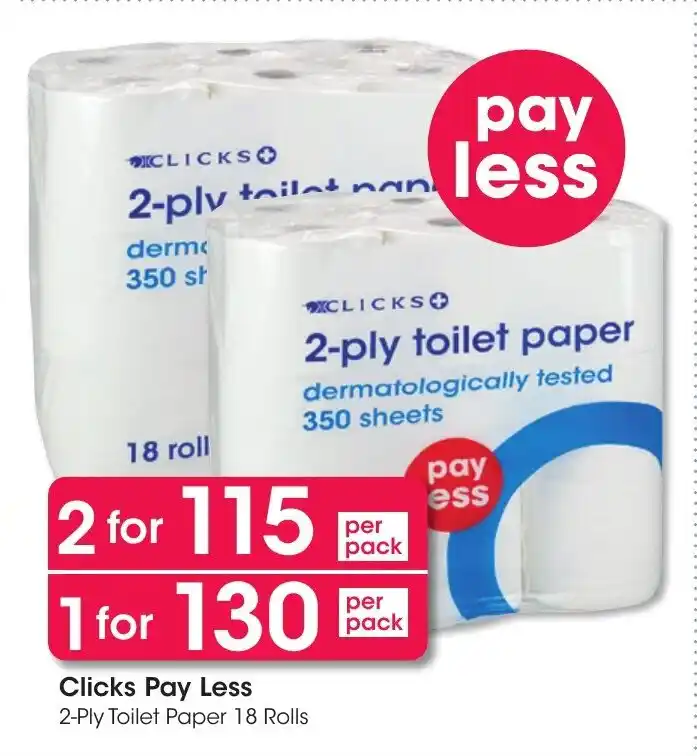 Clicks Pay Less 2-Ply Toilet Paper 18 Rolls offer at Clicks