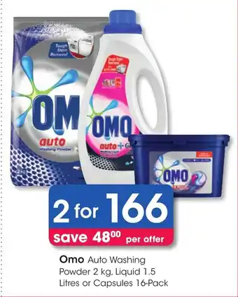 Clicks Omo Auto Washing Powder 2kg, Liquid 1.5 Litres or Capsules 16-Pack offer