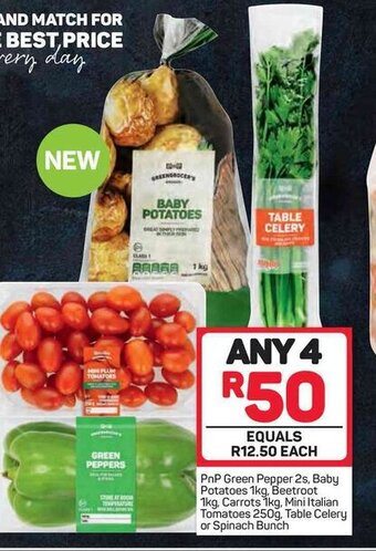 Pick n Pay PnP Green Pepper 2s, Baby Potatoes 1kg, Beetroot 1kg, Carrots 1kg, Mini Italian Tomatoes 250g, Table Celery or Spinach Bunch offer