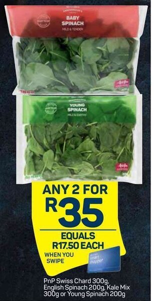 Pick n Pay PnP Swiss Chard 300g, English Spinach 200g, Kale Mix 300g or Young Spinach 200g offer