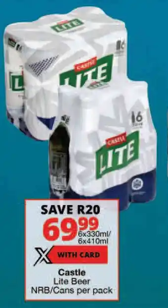Checkers Castle Lite Beer NRB/Cans per pack offer