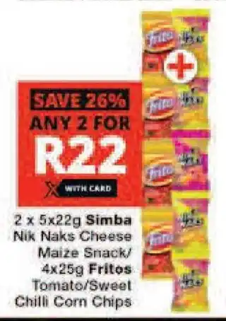 Checkers 2 x 5x22g Simba Nik Naks Cheese Maize Snack/ 4x25g Fritos Tomato/Sweet Chilli Corn Chips offer