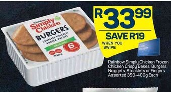 Pick n Pay Rainbow Simply Chicken Frozen Chicken Crispy Bakes, Burgers, Nuggets, Steaklets or Fingers Assorted 350-400g offer
