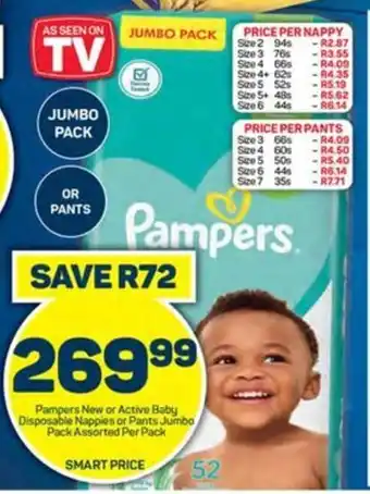 Pick n Pay Liquor Pampers New or Active Baby Disposable Nappies or Pants Jumbo Pack Assorted Per Pack offer