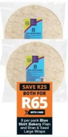 Checkers Blue Shirt Bakery Plain and Bran & Seed Large Wraps 8 per pack offer