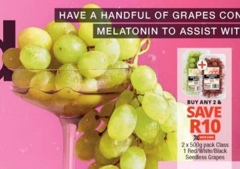 2 x 500g pack Class 1 Red/White/Black Seedless Grapes offer at Checkers