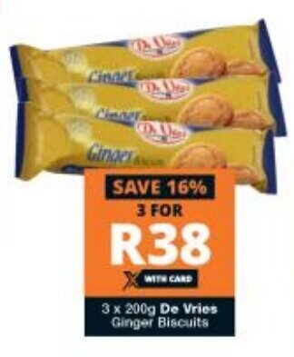 Checkers 3x200g De Vries Ginger Biscuits offer