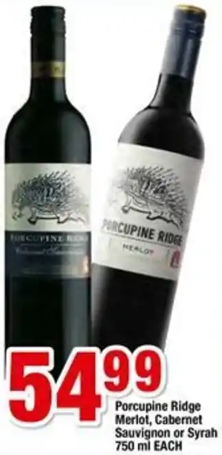 Megasave Porcupine Ridge Merlot, Cabernet Sauvignon or Syrah 750ml offer