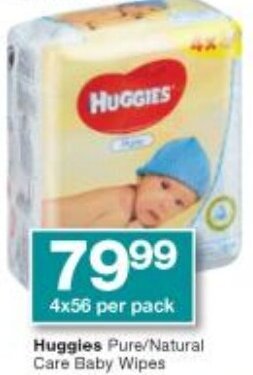 Checkers Huggies Pure/Natural Care Baby Wipes 4x56 per pack offer