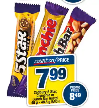 Megasave Cadbury 5 Star, Crunchie or Lunch Bar 40g - 48.5g offer