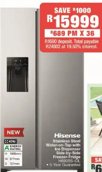 House & Home Hisense Stainless Steel Water-on-Tap with Ice Dispenser Side-by-Side Frezer-Fridge offer