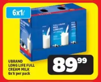 Usave UBRAND LONG LIFE FULL CREAM MILK 6x1L per pack offer