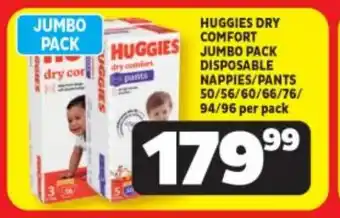 Usave HUGGIES DRY COMFORT JUMBO PACK DISPOSABLE NAPPIES/PANTS 50/56/60/66/76/ 94/96 per pack offer