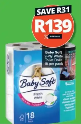 Checkers Baby Soft 2-Ply White TO Toilet Rolls 18 per pack offer