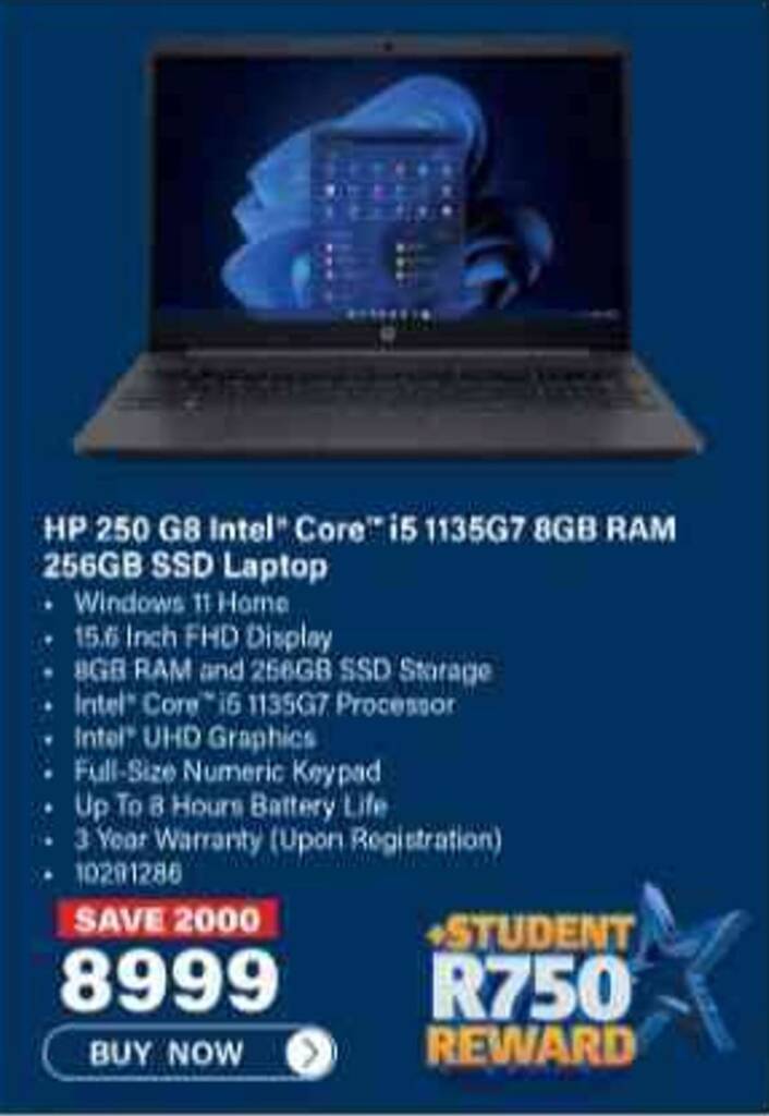HP 250 GB Intel Core i5 1135G7 8GB RAM 256GB SSD Laptop offer at