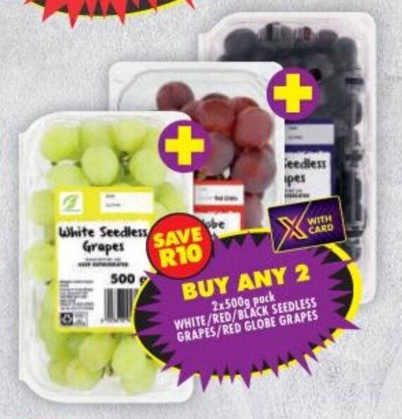 2x500g pack WHITE/RED/BLACK SEEDLESS GRAPES/RED GLOBE GRAPES offer at