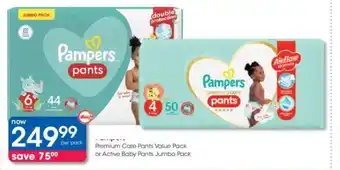 Clicks Pampers Premium Care Pants Value Pack or Active Baby Pants Jumbo Pack offer