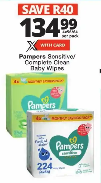 Checkers Pampers Sensitive/ Complete Clean Baby Wipes offer