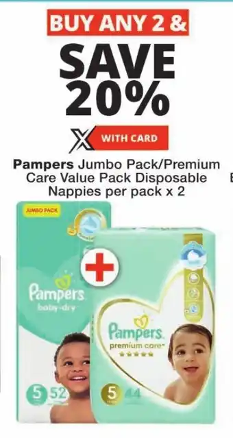 Checkers Pampers Jumbo Pack/Premium Care Value Pack Disposable Nappies per pack x 2 offer