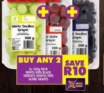 2x 500g PACK WHITE/RED/BLACK SEEDLESS GRAPES/RED GLOBE GRAPES