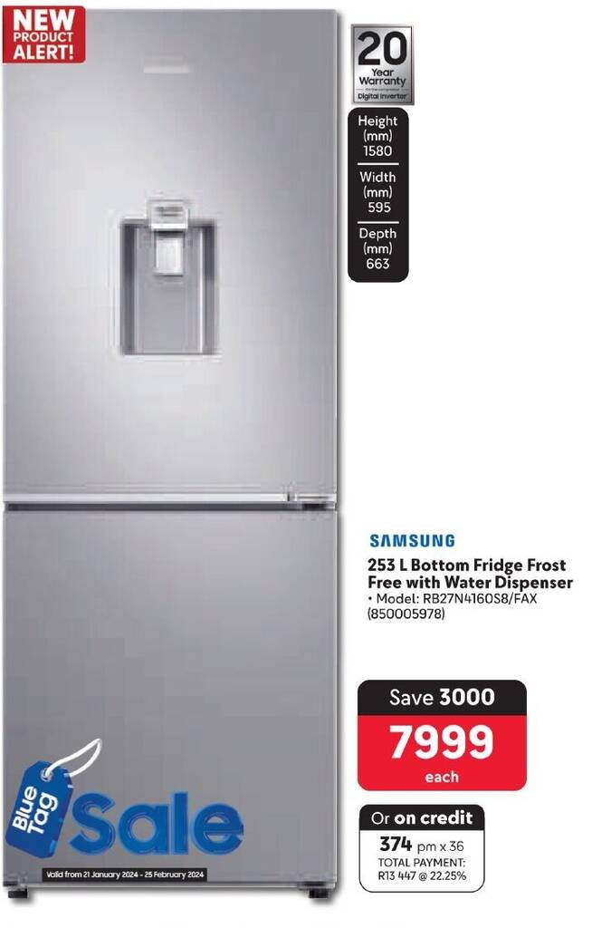 SAMSUNG 253L Bottom Fridge Frost Free with Water Dispenser offer at Makro