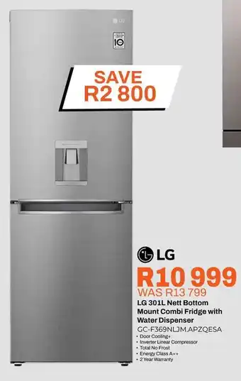 LG 301L Nett Bottom Mount Combi Fridge with Water Dispenser