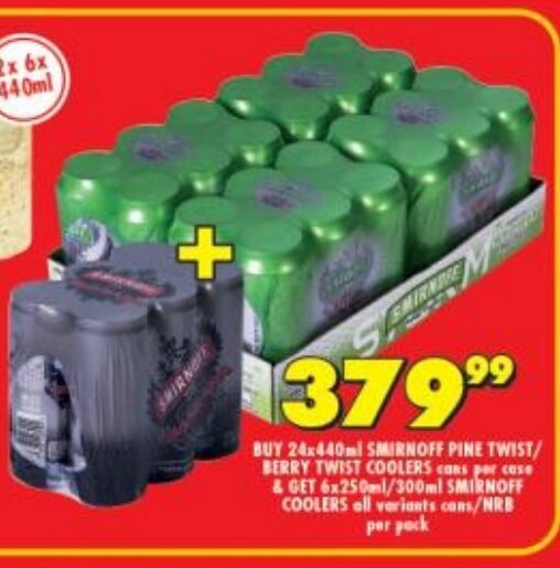 Smirnoff Pine Twist/Berry Twist Coolers cans per case 24x440ml offer at