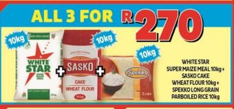Usave White Star Super Maize Meal 10kg + Sasko Cake Wheat Flour 10kg + Spekko Long Grain Parboiled Rice 10kg offer