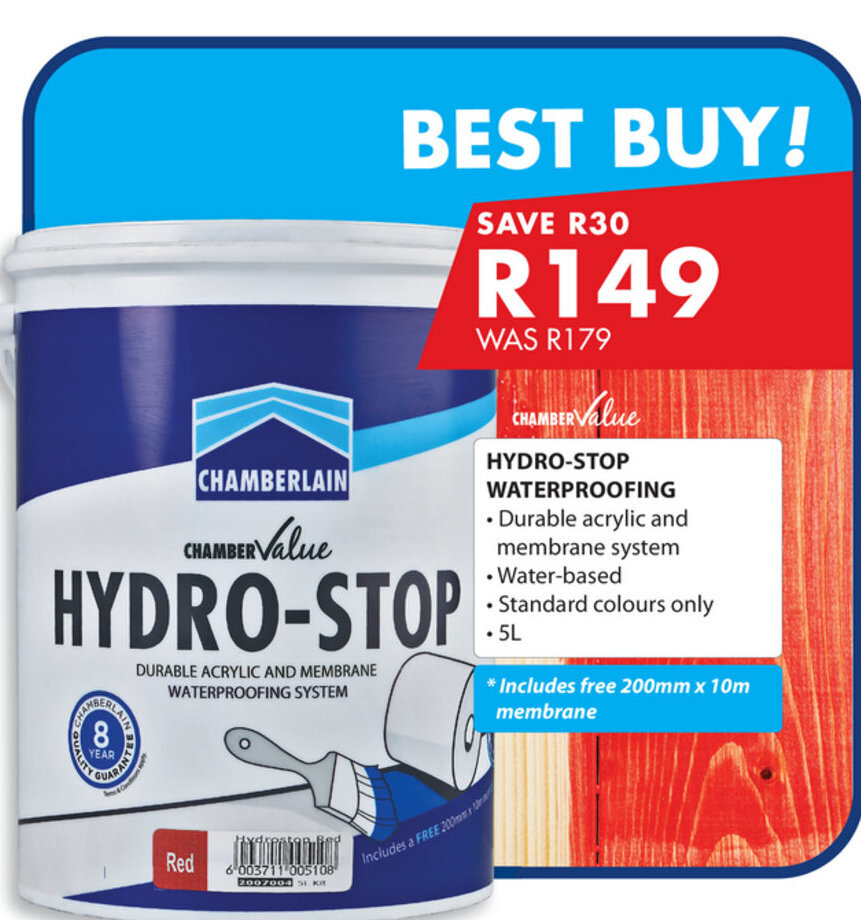 HydroStop Waterproofing Water Based 5L offer at Chamberlain HydroStop Waterproofing Water Based 5L offer at Chamberlain