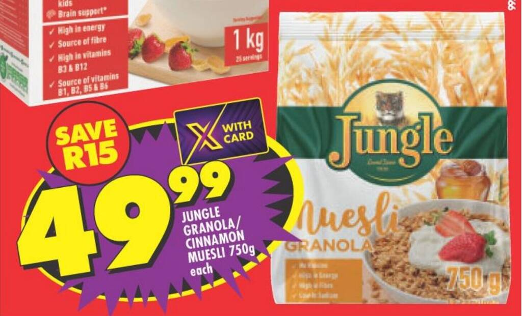 JUNGLE GRANOLA/ CINNAMON MUESLI 750g each offer at Shoprite