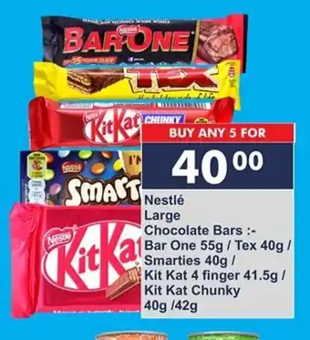 President Hyper Nestle Large Chocolate Bars Bar One 55g/ Tex 40g / Smarties 40g / Kit Kat 4 Finger 41.5g / Kit Kat Chunky 40g /42g offer