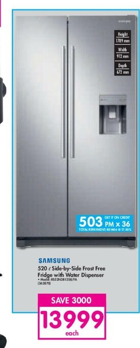 Makro Samsung - 520 L Side - by - Side Frost Free Fridge with Water Dispenser offer