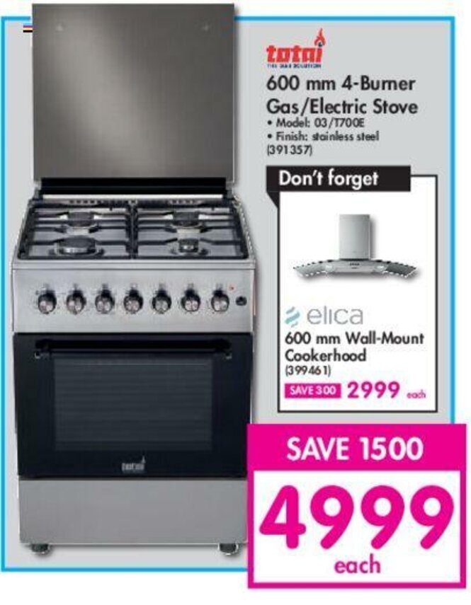 Totai 600 mm 4Burner Gas/ Electric Stove offer at Makro