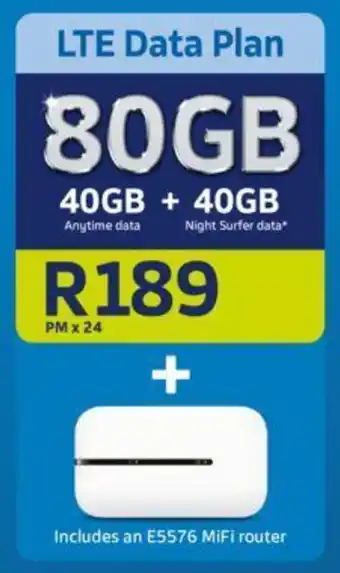 Telkom LTE Data Plan 80GB Includes an E5576 MiFi router offer