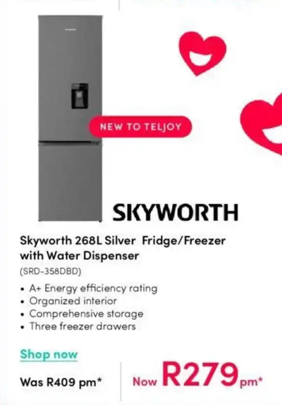 Skyworth 268L Silver Fridge/Freezer with Water Dispenser offer at Teljoy
