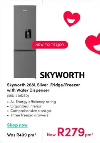 Teljoy Skyworth 268L Silver Fridge/Freezer with Water Dispenser offer