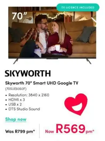 Teljoy Skyworth 70" Smart UHD Google TV (70SUE9350F) offer