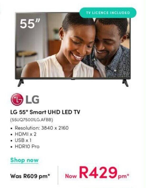LG 55" Smart UHD LED TV (55UQ75001LG.AFBB) offer at Teljoy