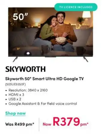 Teljoy Skyworth 50" Smart Ultra HD Google TV (50SUE9350F) offer