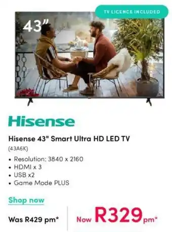 Teljoy Hisense 43" Smart Ultra HD LED TV (43A6K) offer