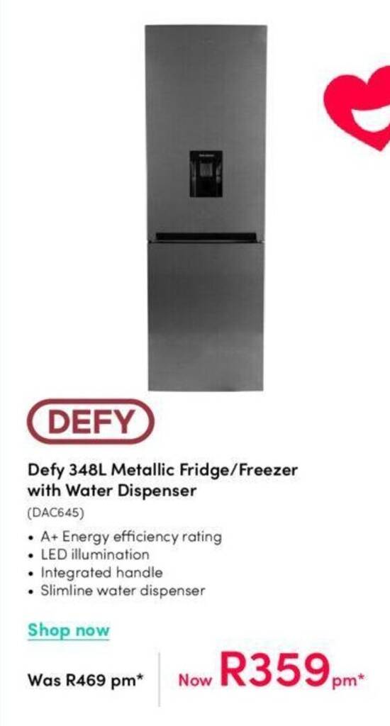 Defy 348L Metallic Fridge/Freezer with Water Dispenser offer at Teljoy