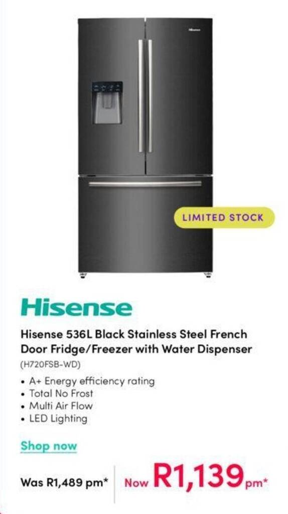 Hisense 536L Black Stainless Steel French Door Fridge/Freezer with