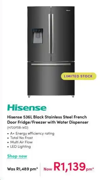 Teljoy Hisense 536L Black Stainless Steel French Door Fridge/Freezer with Water Dispenser offer