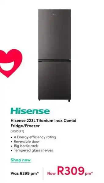 Teljoy Hisense 223L Titanium Inox Combi Fridge/Freezer offer