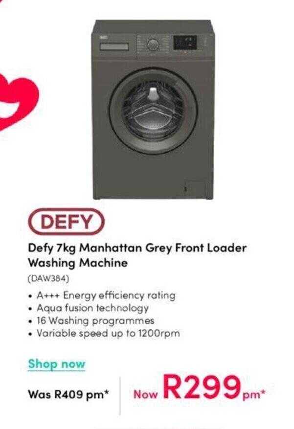 Defy 7kg Manhattan Grey Front Loader Washing Machine offer at Teljoy