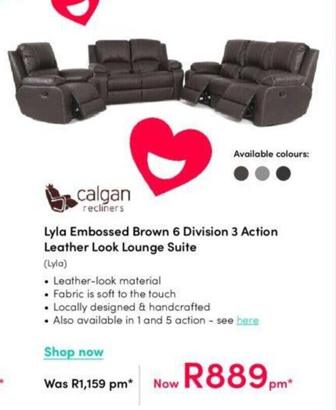 Lyla Embossed Brown 6 Division 3 Action Leather Look Lounge Suite offer ...