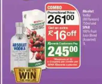Spar Tops Absolut Vodka 750ml and SPAR 100% Fruit Juice Blend 1L offer